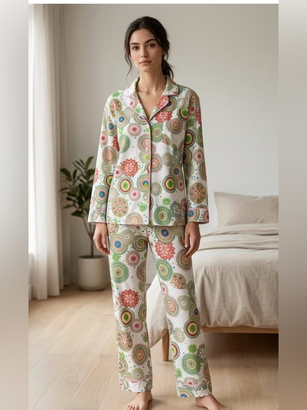 BedHead Pajama Set Shirt & Pants Pink Accents Multicolor Print Sleep Size M EUC
